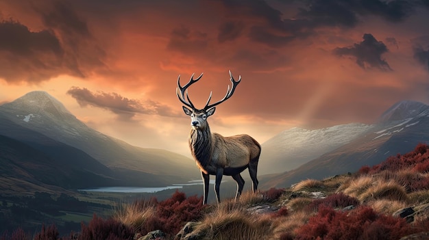 Tramonto drammatico con un bel cielo sopra la catena montuosa che dà un forte paesaggio lunatico e un cervo rosso dall'aspetto forte e orgoglioso