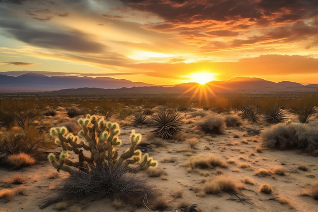 Tramonto estivo sul deserto con cactus e montagne lontane visibili