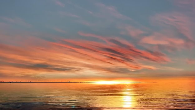 tramonto giallo arancio lilla nuvoloso cielo notturno in mare sulla spiaggia riflesso del raggio di sole