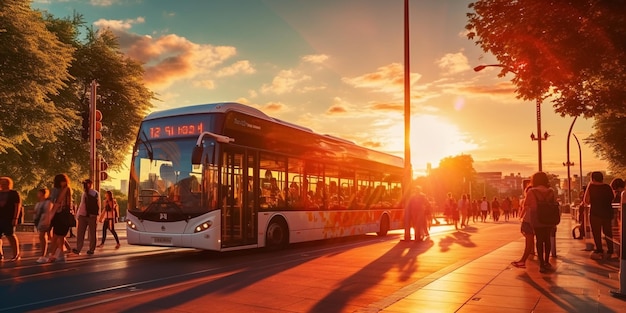 tramonto in città pedoni e trasporti riflesso su grandi case finestre vetrine