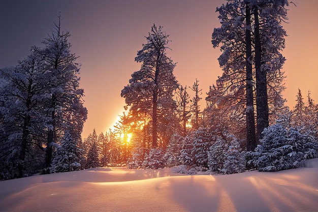 Tramonto in inverno nella foresta. IA generativa