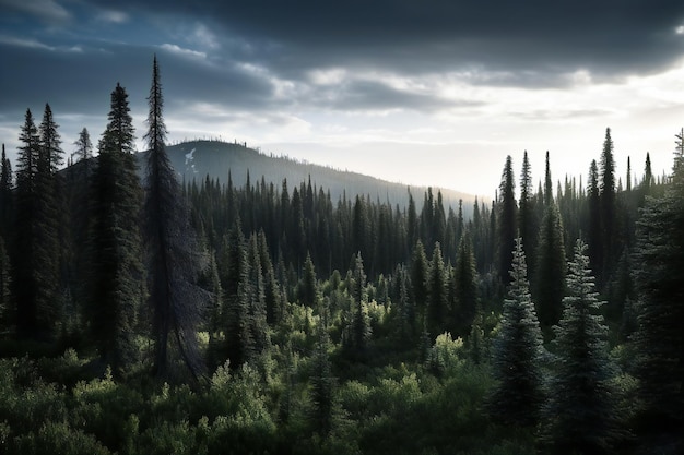 Tramonto in montagna con alberi di pino e foreste di conifere