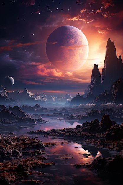 tramonto irreale 3d in un pianeta galassia andromeda