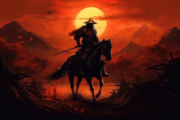 Tramonto Katana Warrior giapponese ispirato illustrazione