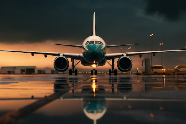 Tramonto lunatico con aereo passeggeri sulla pista IA generativa