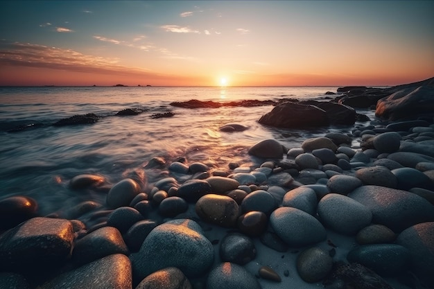 Tramonto molto bello su una spiaggia con molte rocce