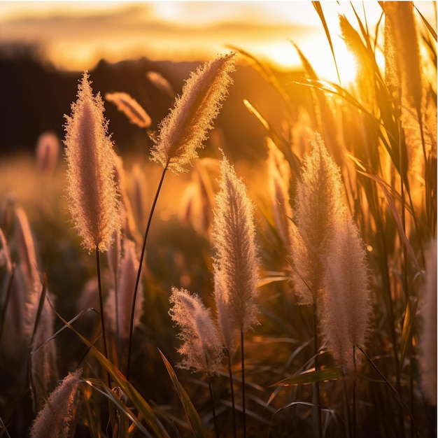 Tramonto nel campo con erba di pampa