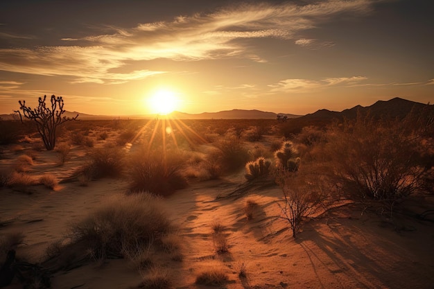 Tramonto nel deserto con nuvole e sole che tramonta dietro l'orizzonte