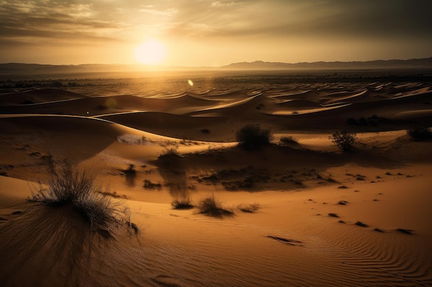 Tramonto nel deserto con una catena montuosa sullo sfondo