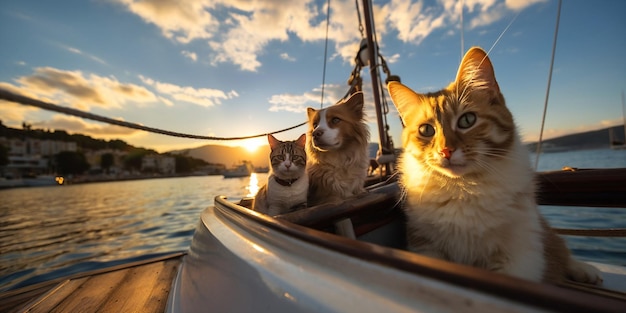 tramonto nel porto Grecia cane e gatto a sedersi sul lungomare pesce nave sul mare