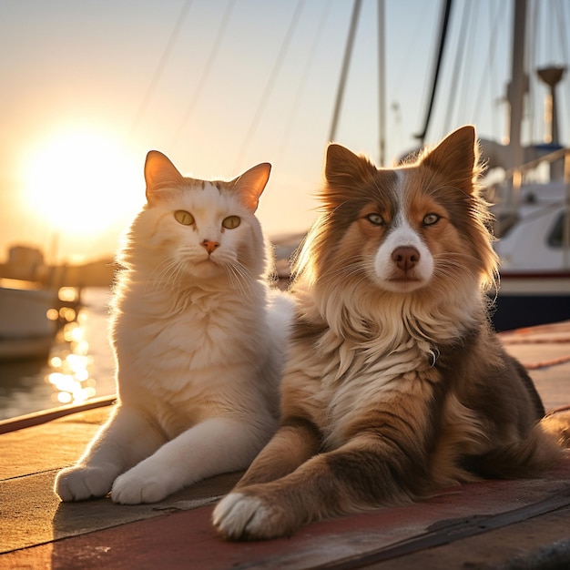 tramonto nel porto Grecia cane e gatto a sedersi sul lungomare pesce nave sul mare