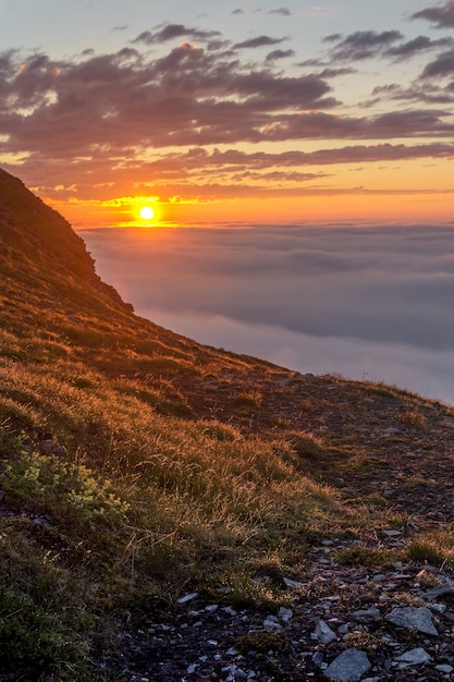 Tramonto nella nebbia sulle rocce dell'isola di Soroya, Norvegia