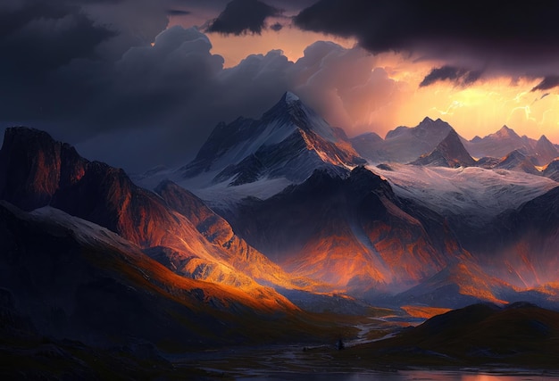 Tramonto nelle montagne delle Alpi con cappucci di neve sullo sfondo Generative Ai Art Nubi cumuliformi sopra la valle