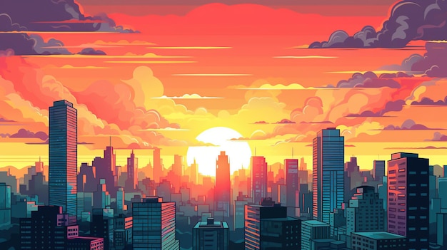 Tramonto o alba Panorama dei grattacieli della città moderna di edifici alti sfondo urbano Pop art retrò illustrazione vettoriale stile fumetto vintage