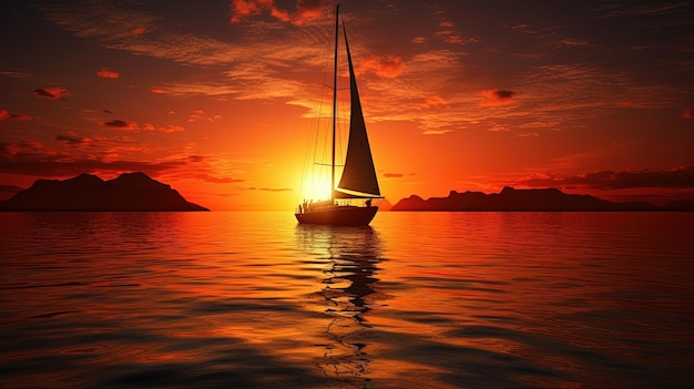 Tramonto romantico con la silhouette dello yacht scintillante in oro