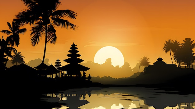 Tramonto rosso con silhouette del tempio bellissimo Bali realistico illustrazione vettoriale sfondo