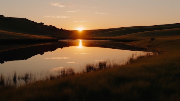 Tramonto Sereno Riflessa Sul Lago Prateria