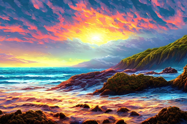 Tramonto sopra l'illustrazione di colore del mare