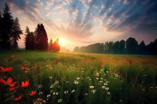 Tramonto su un campo con la natura AI generativa