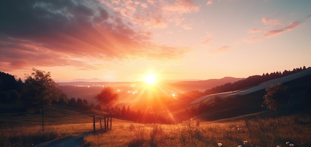 Tramonto su un campo con un campo e montagne sullo sfondo