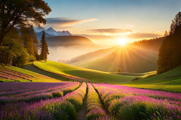 Tramonto su un campo di lavanda