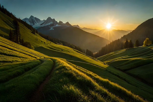 tramonto su un campo verde