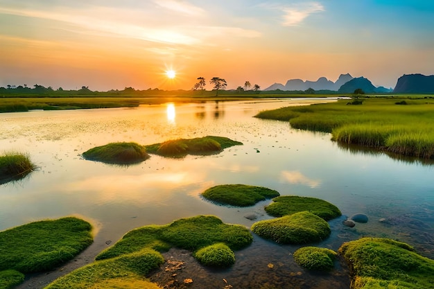 Tramonto su un fiume con le montagne sullo sfondo