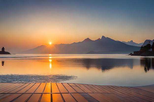 Tramonto su un lago con le montagne sullo sfondo