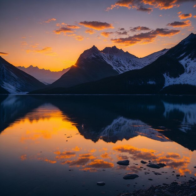 Tramonto su un lago di montagna con una foto di montagna