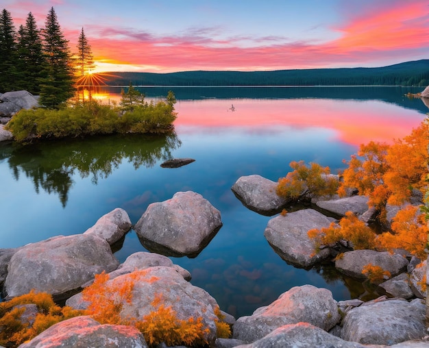 tramonto su un lago in montagna con un riflesso di nuvole e un cielo nuvoloso