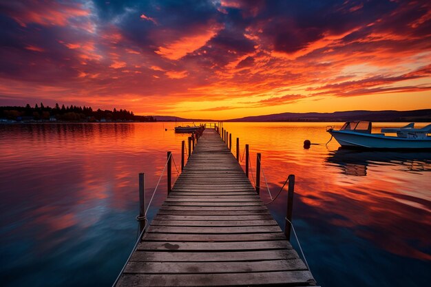 Tramonto su un molo con barche sul lago Ai generativa