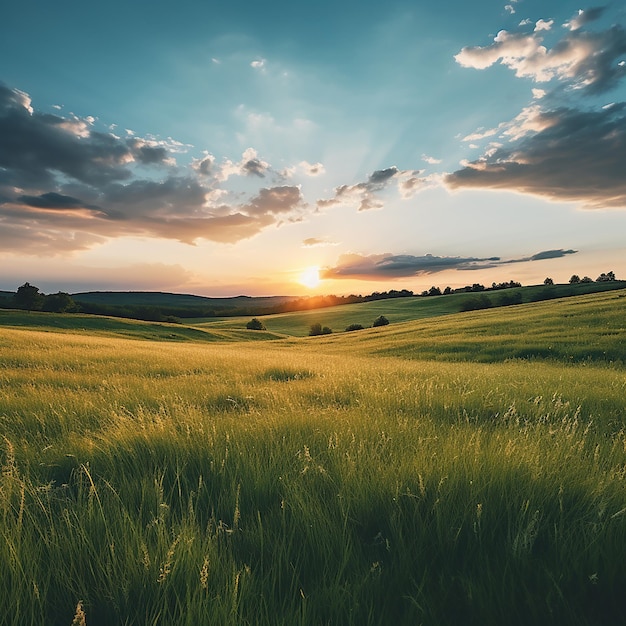 Tramonto su un paesaggio erboso