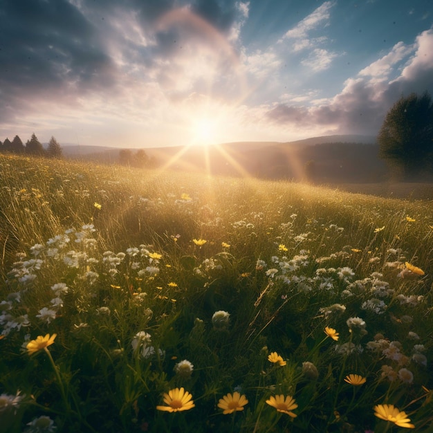 Tramonto su un prato con girasoli ed erba