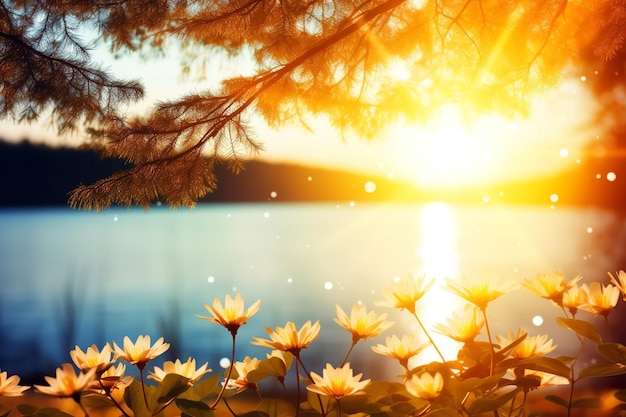 Tramonto su un prato tranquillo con fiori di campo