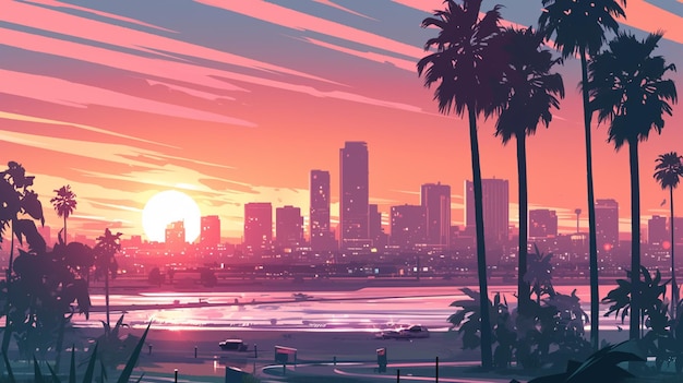 tramonto su una città con palme e una spiaggia generativa ai