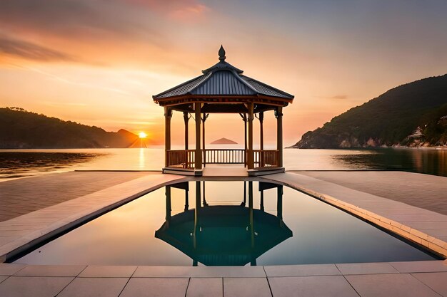 Tramonto su una piscina con gazebo sullo sfondo