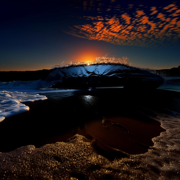 tramonto su una spiaggia con le onde che si infrangono in primo piano ai generativa