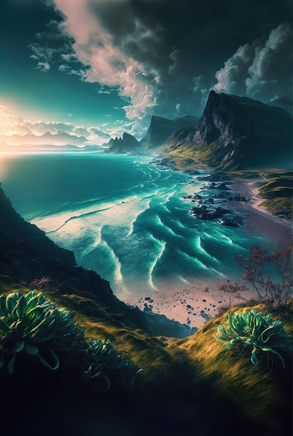 Tramonto su una spiaggia di mare selvaggio costa e sabbia Onde e mare surf sullo sfondo di montagne e fiori Alba in un cielo nuvoloso illustrazione 3d