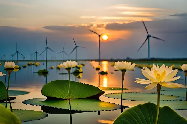 Tramonto sui mulini a vento e sulle ninfee