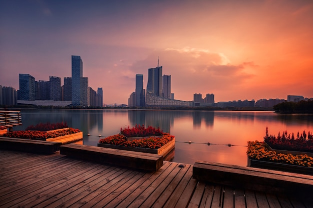 Tramonto sul distretto finanziario del Lago dei cigni, città di Hefei, provincia di Anhui, Cina