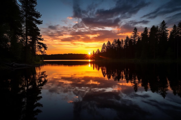 Tramonto sul lago calmo circondato da alberi