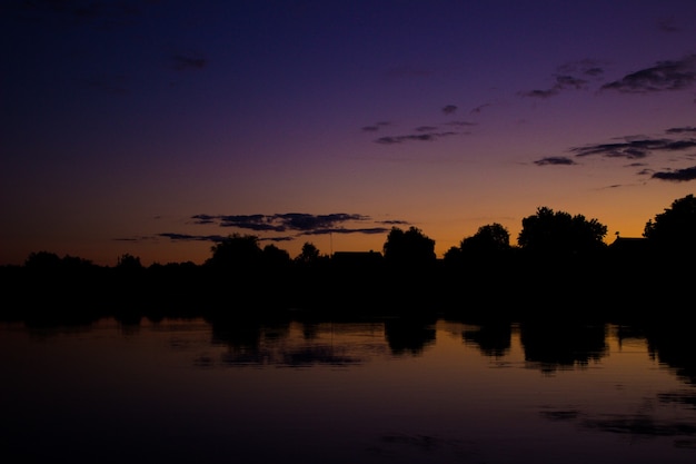 tramonto sul lago cielo della sera canne sul lago d'acqua