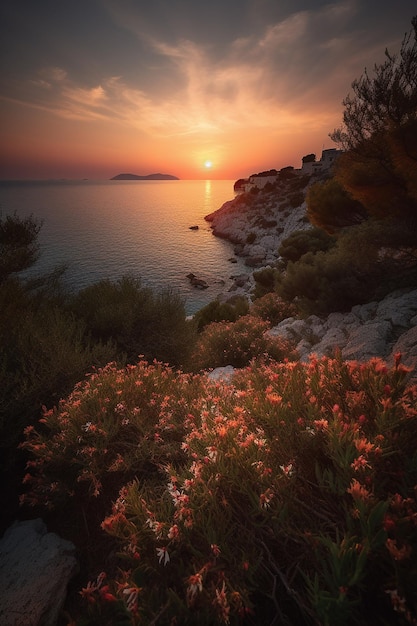 Tramonto sul mare con fiori e una piccola isola sullo sfondo