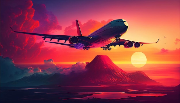 Tramonto sul mare e sull'aereo. illustrazione di un aereo moderno che sorvola il mare sullo sfondo del tramonto. Schizzo per la creatività.