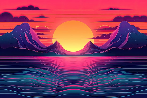 Tramonto sul mareillustrazione in uno stile piatto Synthwave tramonto paesaggio anni '80 retro synthwave colore AI generato