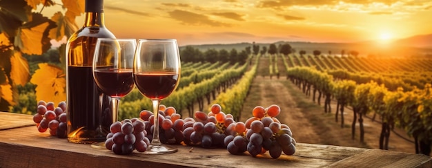 Tramonto sul vigneto con un barile di bottiglia di uva rossa e due bicchieri di vino rosso in primo piano IA generativo