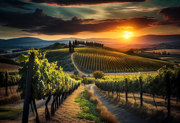 Tramonto sul vigneto in Toscana IA generativa