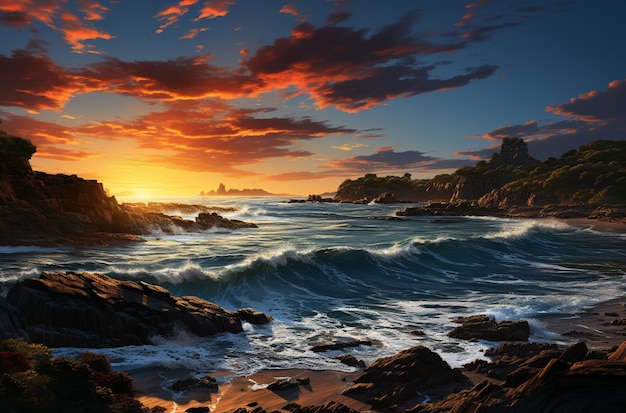 tramonto sull'oceano con le onde che si schiantano sulle rocce generativo ai