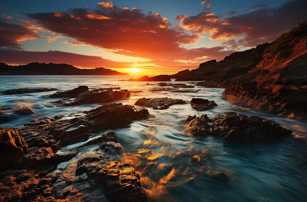 tramonto sull'oceano con rocce e acqua in primo piano
