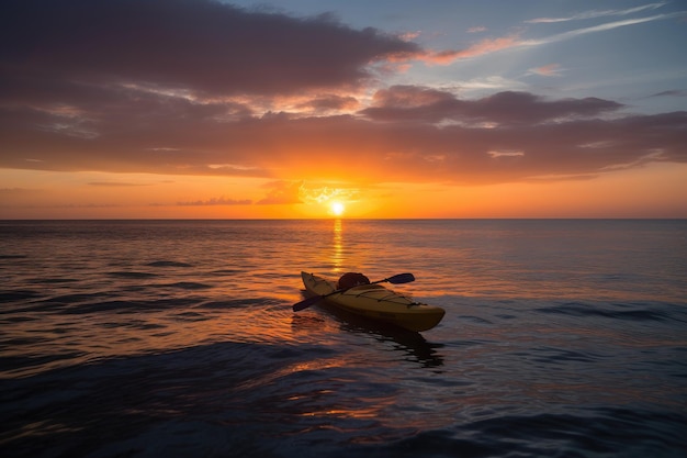 Tramonto sull'oceano con un kayak in primo piano creato con l'IA generativa